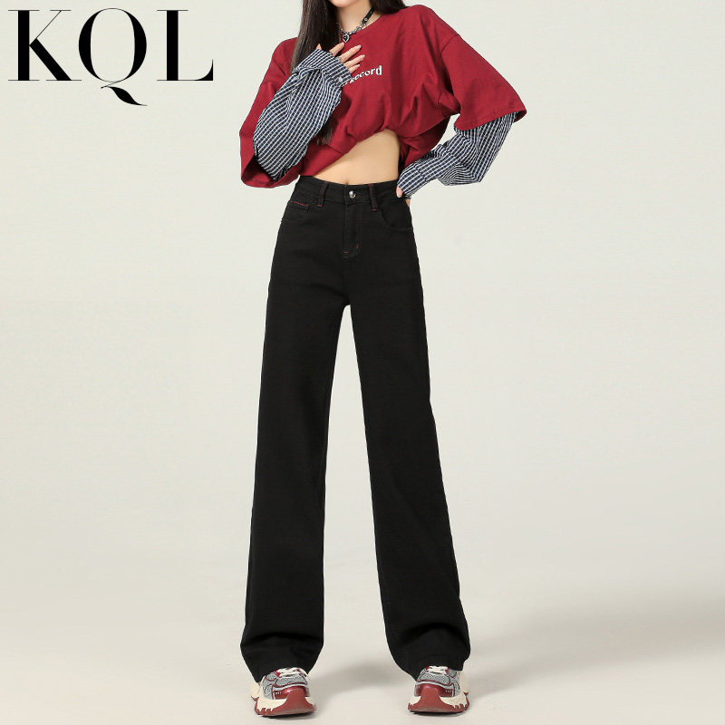 美式窄版阔腿牛仔裤女秋冬款高腰弹力宽松显瘦加绒黑色直筒拖地裤