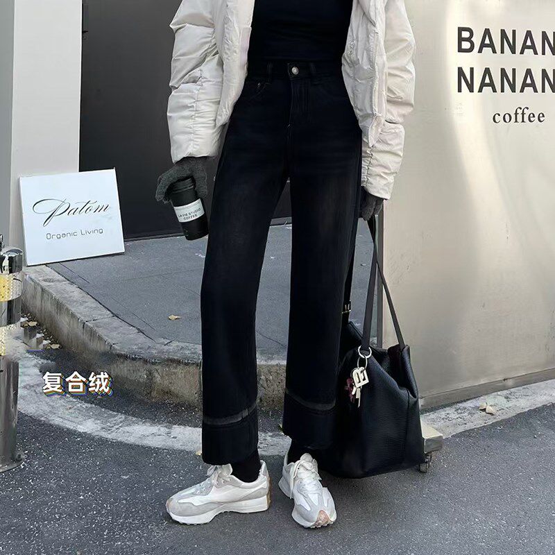 【爆】2024秋冬新款欧货裤脚白边小个子加绒牛仔裤女高腰宽松直筒
