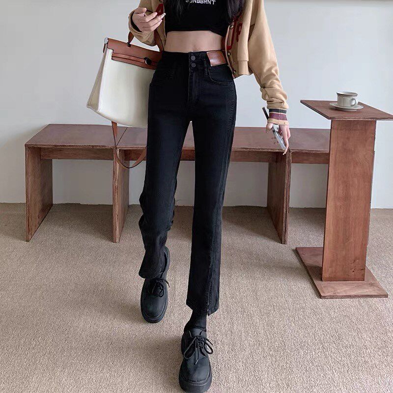 直筒牛仔裤女春秋冬季2025新款高腰显瘦九分小个子黑色烟管裤子女