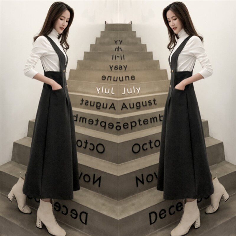 毛呢背带裙女2021秋冬新款修身打底连衣裙中长款背心裙过膝马甲裙