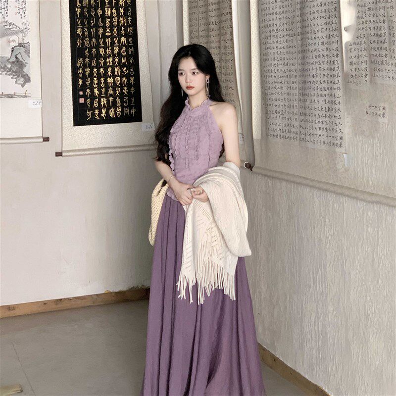 一罐杏仁桃 【盏烟黛】紫色荷叶边挂脖吊带背心套装A字长裙两件套