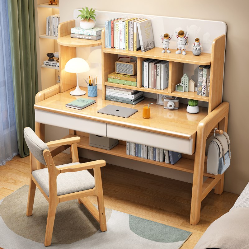 卧室实木电脑桌带抽屉家用学生书桌书架一体写字桌升降儿童学习桌
