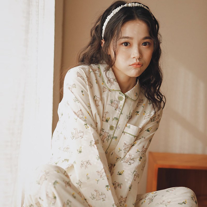 春夏薄款纯棉纱布睡衣女士长袖长裤日系小翻领可爱女孩棉麻家居服