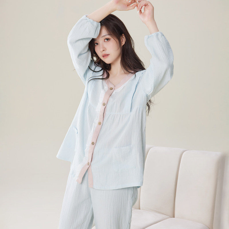 婴儿纯棉双层纱布孕妇月子服春秋产后哺乳睡衣孕期家居服睡衣套装