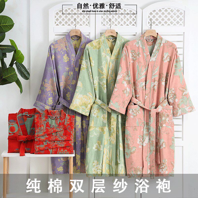 浴袍女纯棉吸水速干浴衣双层纱布四季通用春夏季薄款全棉男士睡袍