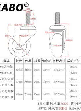 【304不锈钢】家具轮子脚轮万向轮1.5F寸2寸平板螺丝M8M10滑轮静