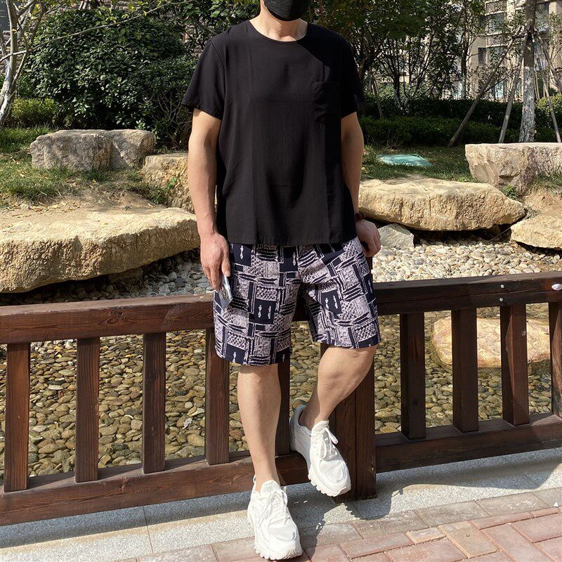 夏季男士大码棉绸套装家居服两件套人造棉短袖短裤睡衣沙滩裤子薄