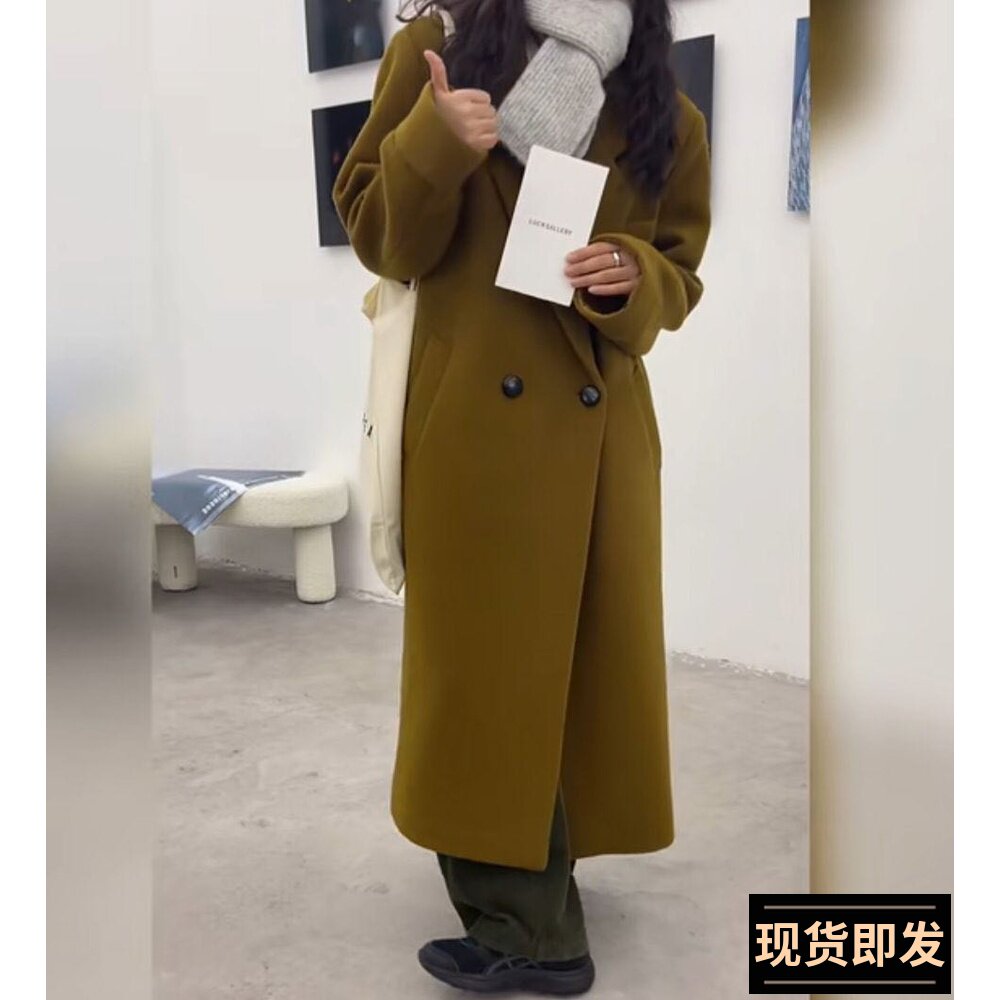 英子oni复活版型含50%羊毛姜黄色毛呢外套女冬中长款西装领呢大衣
