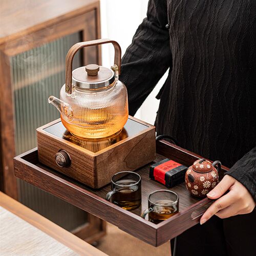 胡桃木黑晶炉煮茶套装家用耐高x温玻璃煮茶壶办公静音泡茶炉提梁