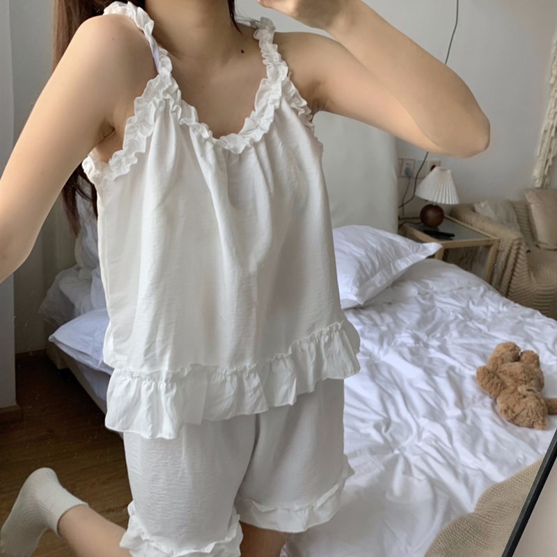 少女甜美花边吊带睡衣女款夏季2024新款简约休闲家居服可外穿套装