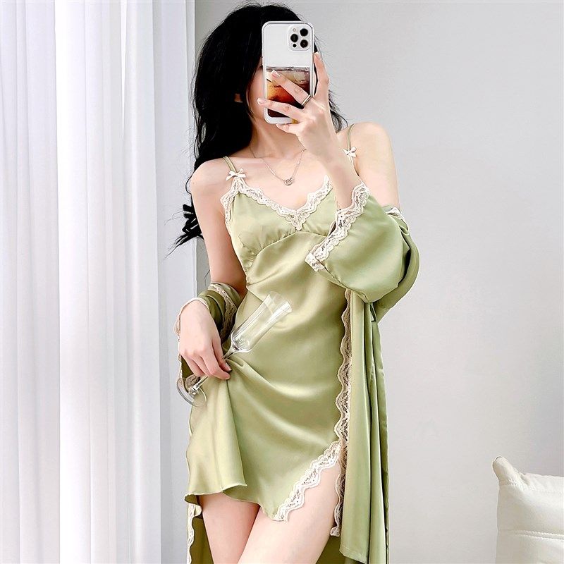 睡衣女款春夏季2024新款纯欲冰丝蕾丝吊带带胸垫睡裙睡袍套装