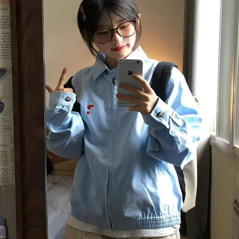 春秋浅蓝色外套女爆款新款日系小个子百搭棒球服宽松休闲翻领夹克