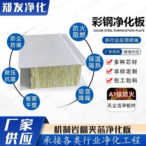 机制岩棉彩钢夹芯板 食品车间防火阻燃隔墙板 洁净板岩棉净化板