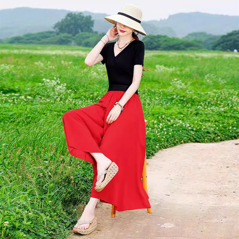 夏季带兜裙裤女加大码胖妈妈阔腿裤绵绸印花松紧高腰裤裙七分薄裤