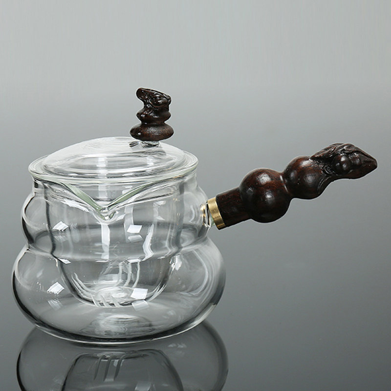 黑檀木玻璃侧把壶加热茶壶高温耐热泡花茶壶茶具冲蒸茶Y器过滤带