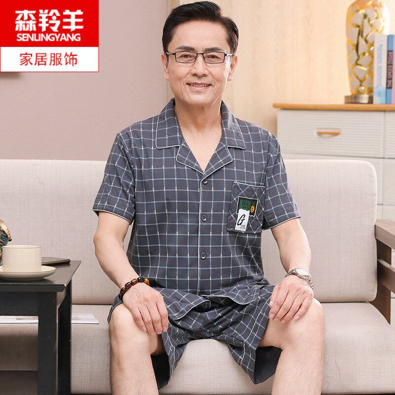 中老年人男士爸爸睡衣纯棉短袖短裤夏季中年家居服夏天薄款套装男