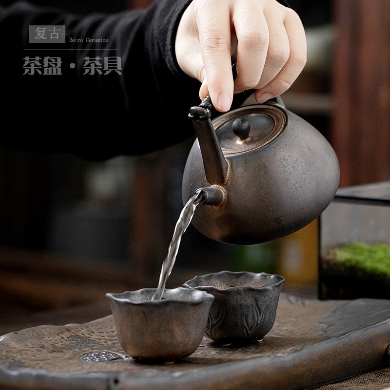 鎏金仿古提梁壶茶具套装家用小套一壶二杯茶盘整套简约泡茶壶做旧