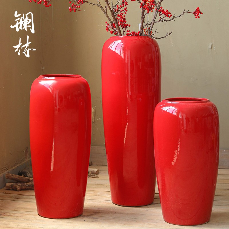 中国红色陶瓷落地大花瓶新中式酒店古典插花O摆件过新年客厅装饰