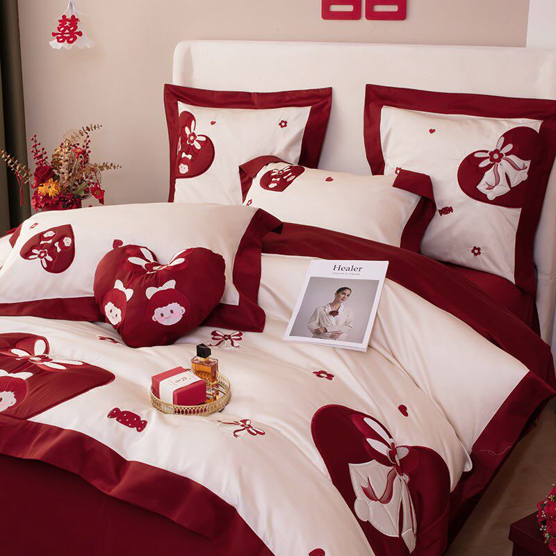 结婚喜庆床上用品四件套婚庆新婚嫁房K全棉大红色床单被套喜被
