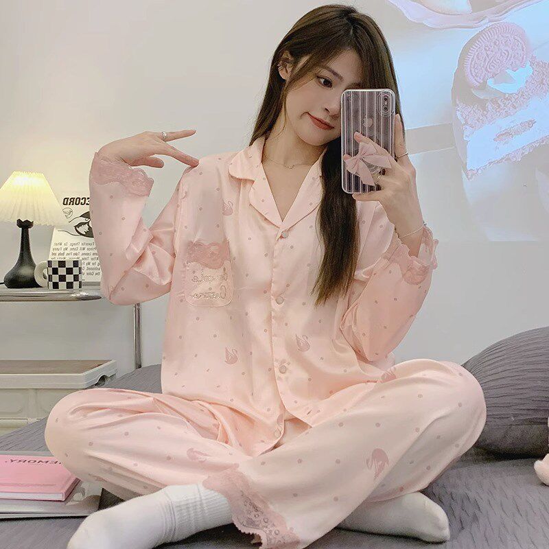 春秋睡衣女款2024新款春款冰丝薄款丝绸长袖家居服套装大码两件套