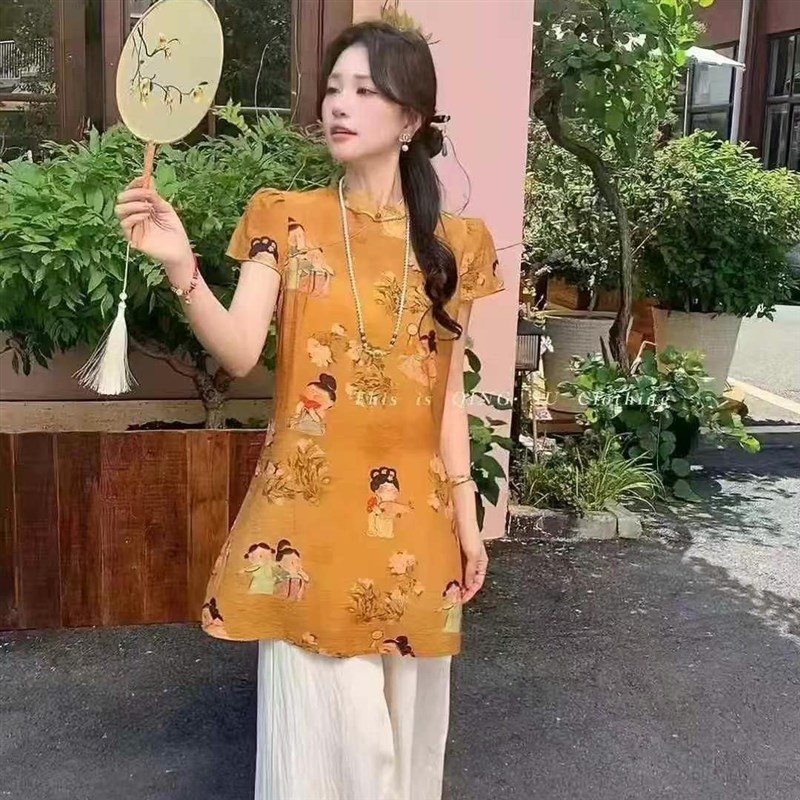 2025夏季新中式国风改良旗袍小唐人印花上衣+阔腿裤国风两件套装