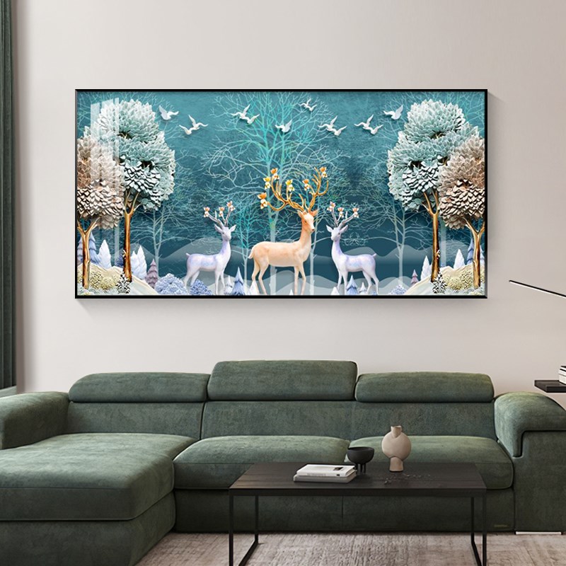 福鹿双至现代简h约晶瓷画客厅装饰画沙发背景墙挂画一整幅横板壁图片