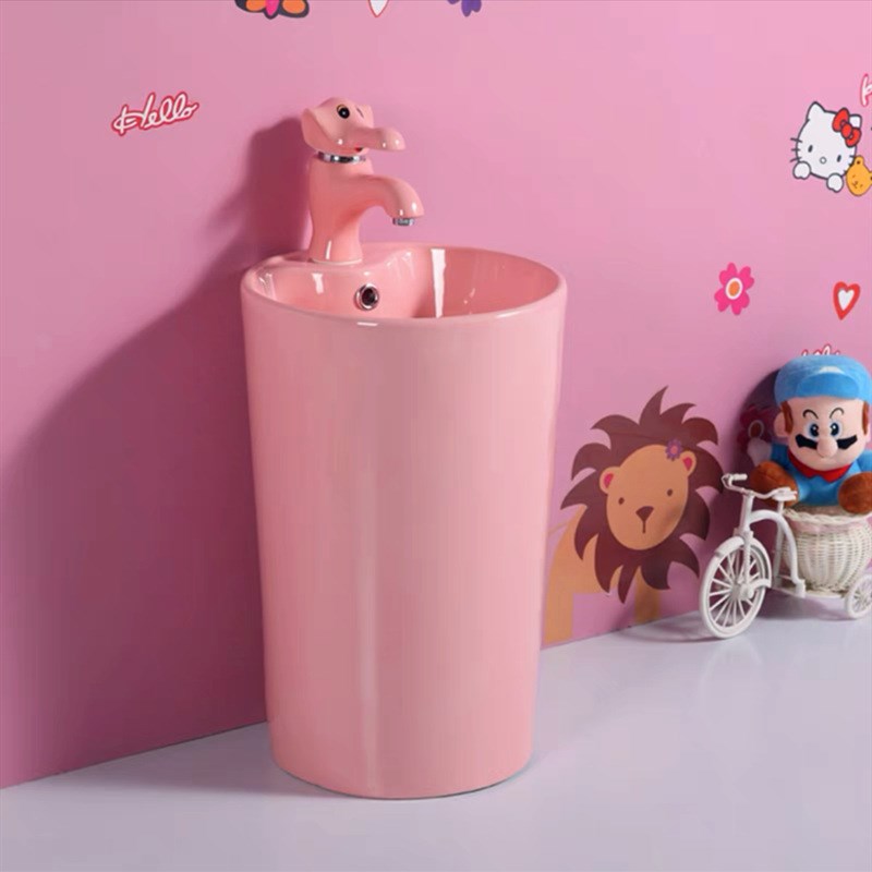 幼儿园儿b童彩色陶瓷立柱洗手盆小户型落地洗脸台阳台圆柱一体单