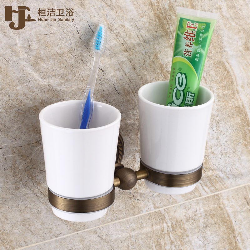 仿古全铜壁挂杯架 欧式全铜仿古卫生间壁挂P漱口杯双杯牙刷杯架