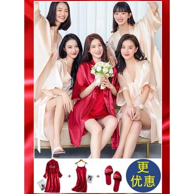 婚礼晨袍女新娘伴娘团冰丝结婚化妆睡袍红色睡衣丝绸长款夏季薄款