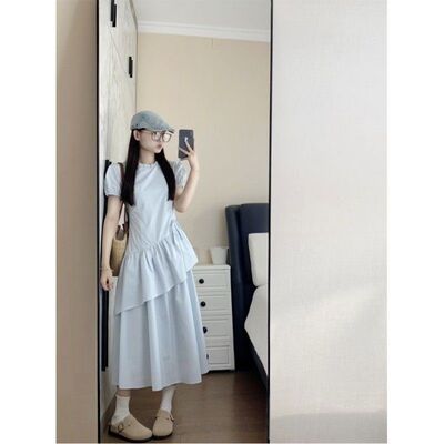 蓝色连衣裙女2026夏季新款法式温柔短袖不规则裙收腰公主蛋糕长裙