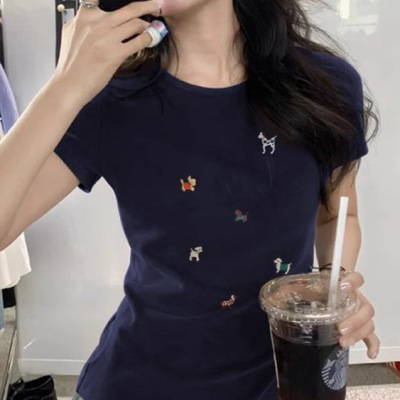 跨境批发夏季92%棉正肩设计感小个子休闲短袖T恤女式修身百搭上衣