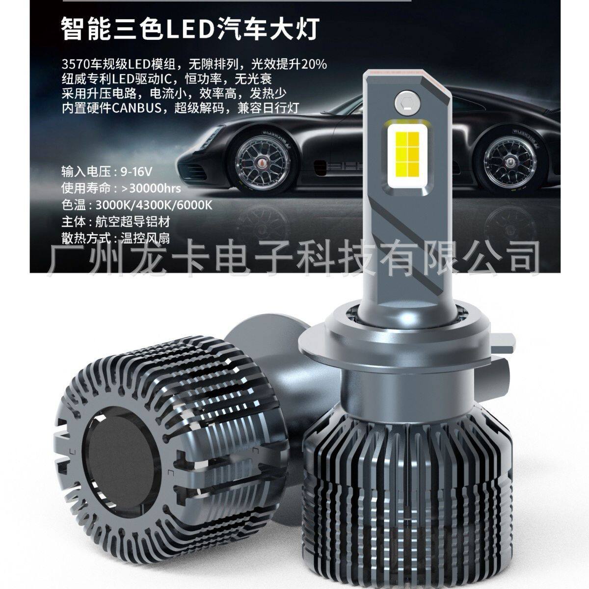 新款E9X智能三色LED大灯H1,H4,H7,H11900590069012三色LED大
