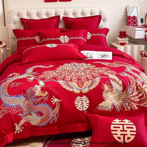 高档新红中式婚庆四件套刺新婚色全棉婚被58038014套结床单床笠床