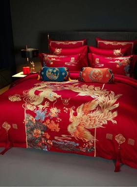 婚庆家DM10800纺红色四件套10支长绒用棉刺绣十套结婚件床上品陪