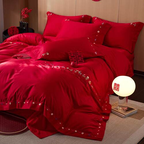 100高S高端刺绣嫁JcZY021长绒四件套结婚档大红色纯棉新婚喜轻棉