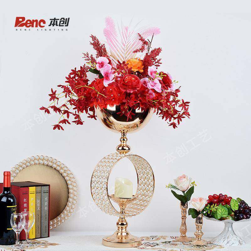 式金色铁艺花花金盆圆环珍珠器属花瓶WPE婚礼欧桌花摆件