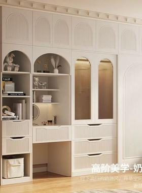 法式奶油风推拉门璃衣柜REG桌一体小户型室现代卧简约玻书门大衣