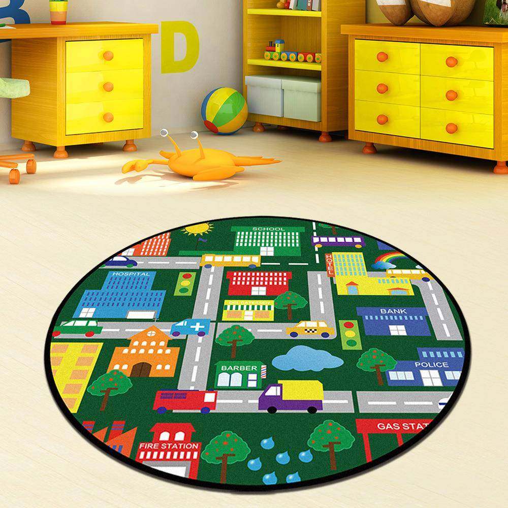 儿童蓝场圆形地毯城市跑道马家MRT路交通景汽车轨道车道地色垫柔