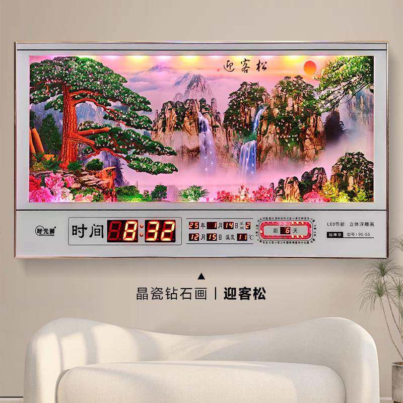 2025新装家画用客厅万年历2023BZS晶瓷钻石饰挂钟LED数码款静音时