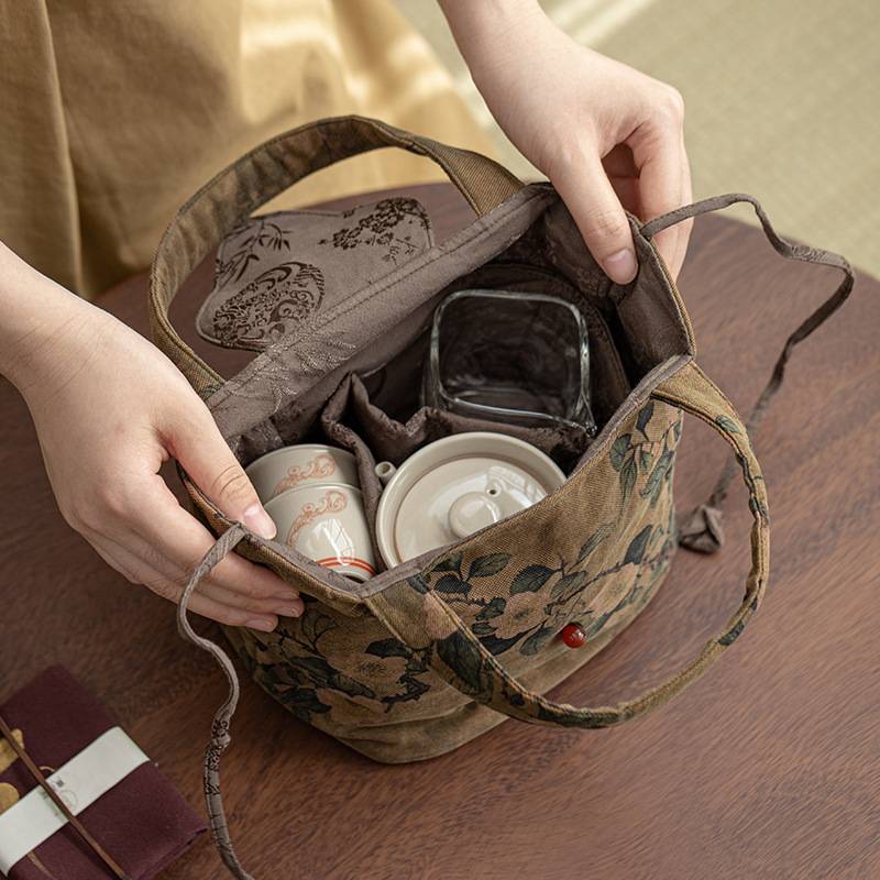 中式香云纱如意茶事包手提旅行便携茶具收纳包加厚加棉带隔层布袋