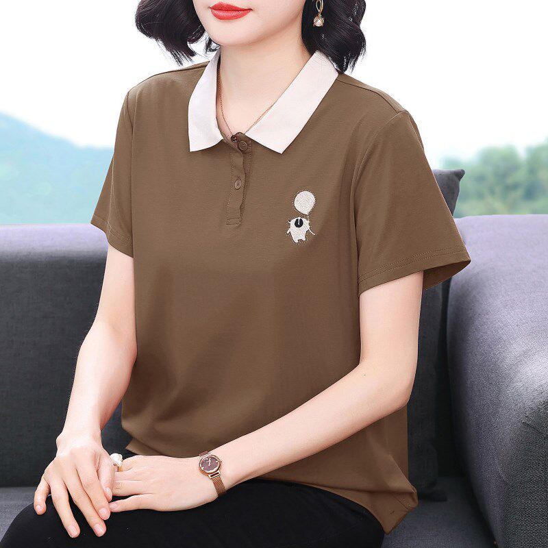 翻领短袖t恤女 新款2025夏装纯棉小衫中老年妈妈减龄体恤宽松上衣