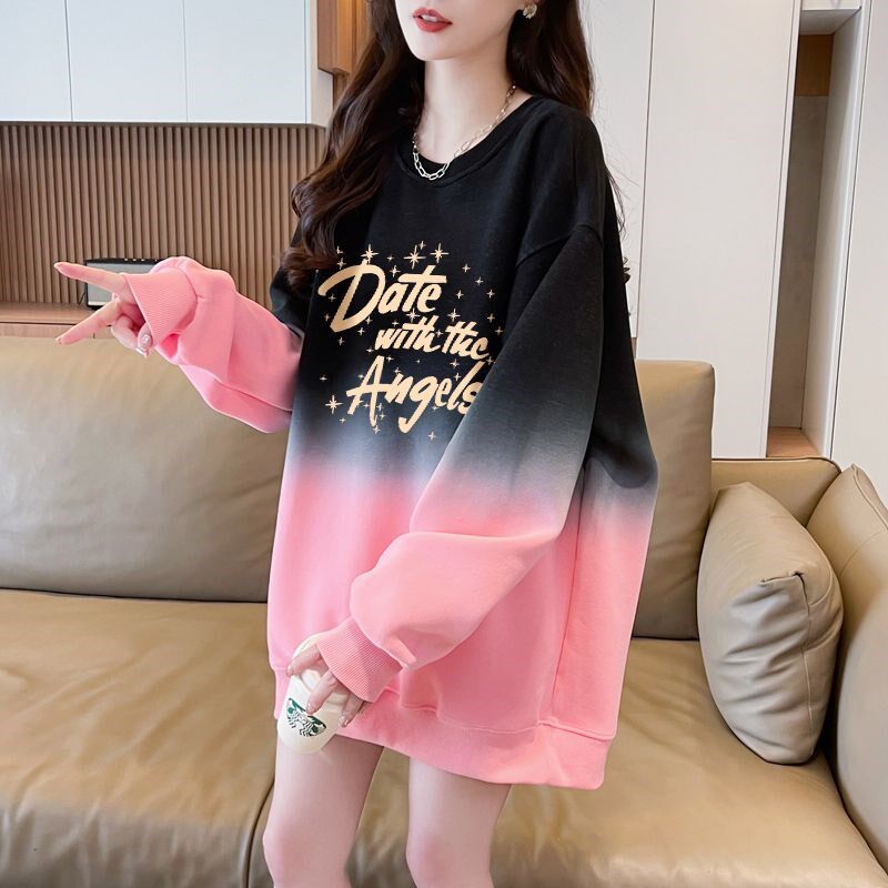 欧货大版超好看渐变色圆领卫衣女2025春秋款大码时尚洋气中长上衣