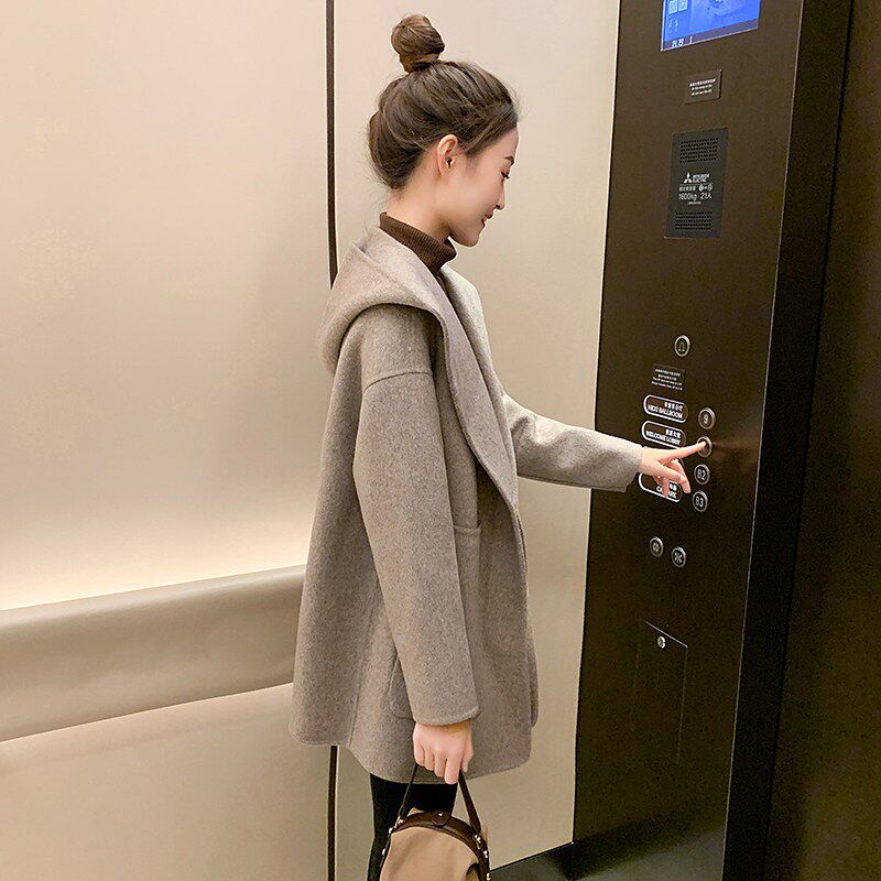 2025年新款女装春秋中长款毛呢外套女小个子连帽双面羊绒呢子大衣