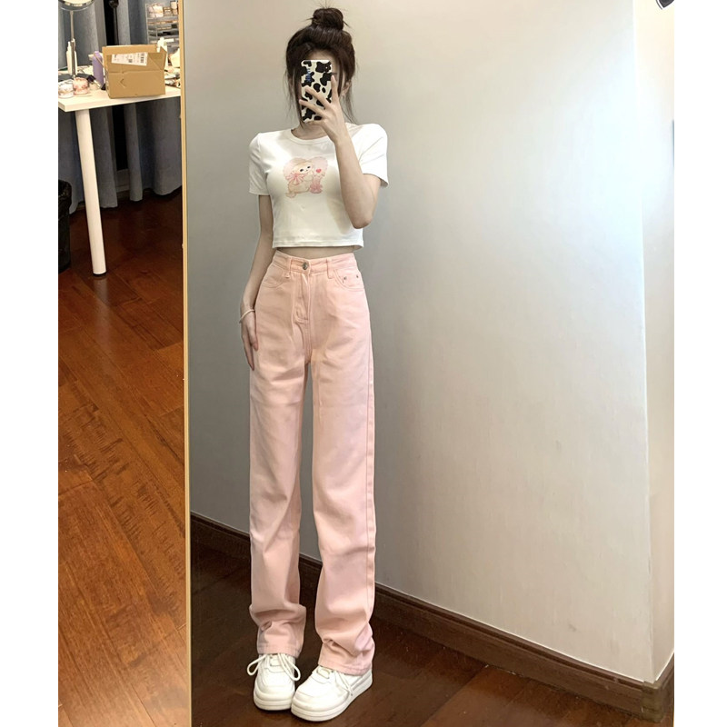 粉色牛仔裤女小个子2022新款秋冬直筒裤小众设计感高腰显瘦阔腿裤
