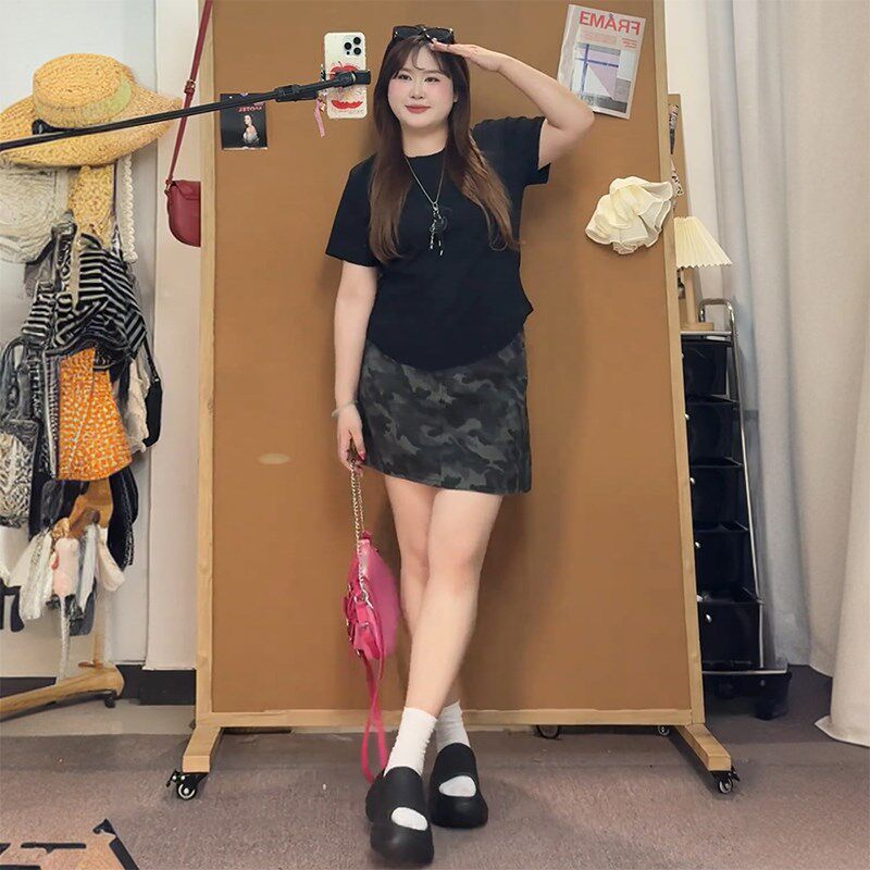 大码女装胖mm迷彩牛仔短裙女2025夏季显瘦穿搭美式辣妹a字半身裙