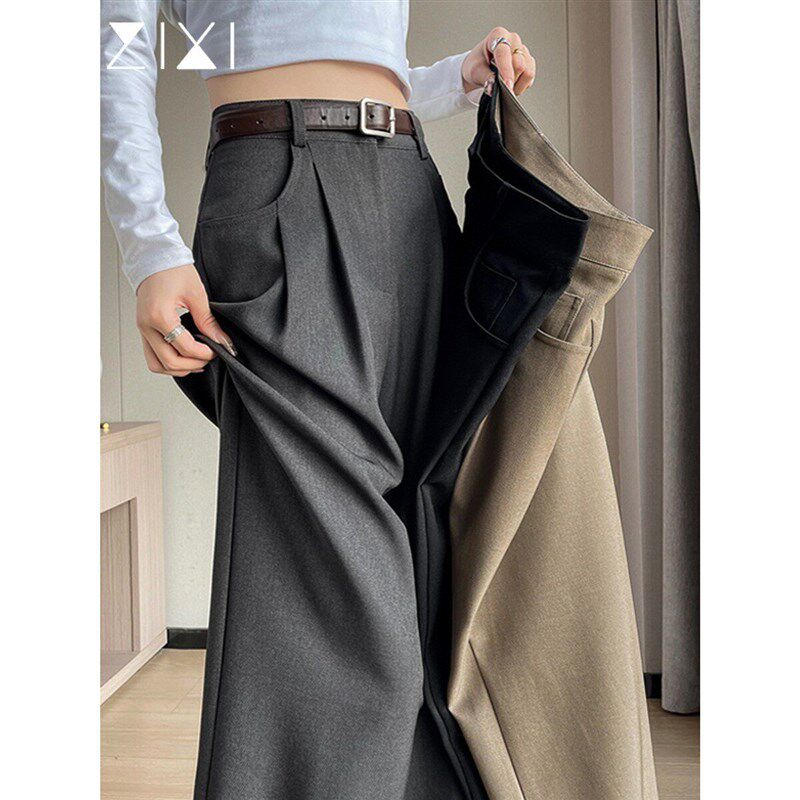 灰色西装裤女垂感高级感直筒窄版阔腿小个子黑色裤子深灰职业西裤