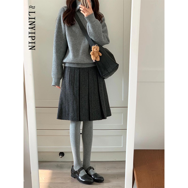 格雷系灰色毛呢中裙大码到膝盖半身裙女胖mm显瘦小个子a字百褶裙