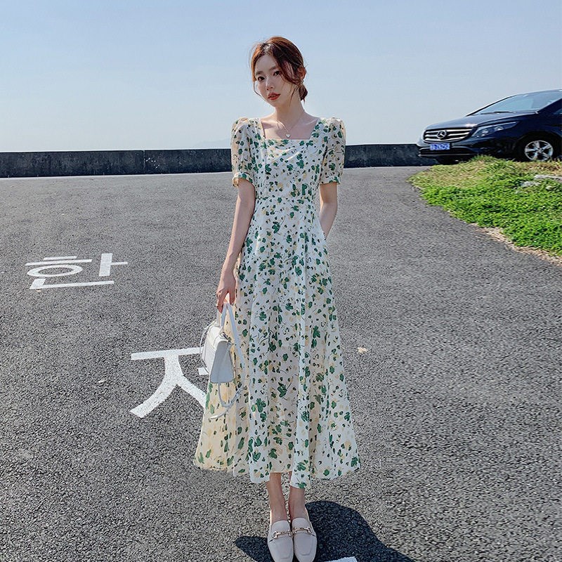 绿色碎花连衣裙女夏2025新款小个子显瘦中长方领a字雪纺仙女裙子