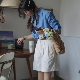 春夏简约博主阔腿休闲a字短裤 全棉小花苞显瘦百慕大宽松挺阔中裤