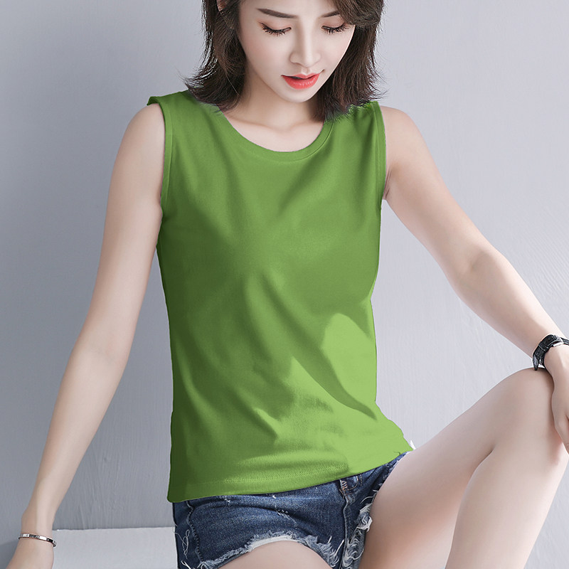 绿色纯棉宽松圆领吊带背心女内搭夏季纯色外穿宽肩带无袖打底T恤